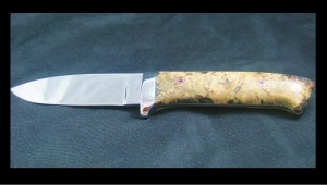 Custom handmade knife, mirror polished ATS34 blade with stabilized box elder burl handle